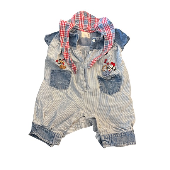Vintage Disney Baby‎ Romper Minnie & Pluto Denim Striped Overalls 6-9M USA - Picture 1 of 3